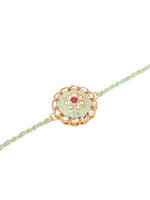 Thumbnail for NVR Men Set of 2 Peach & Green Kundan Studded Round Floral Design Rakhi with Roli Chawal Chandan & Mishri - Distacart