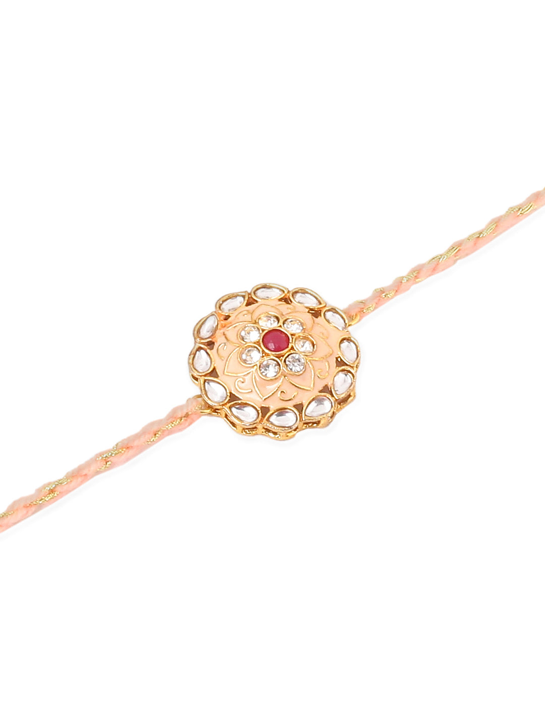 NVR Men Set of 2 Peach & Green Kundan Studded Round Floral Design Rakhi with Roli Chawal Chandan & Mishri - Distacart