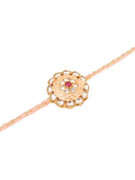 Thumbnail for NVR Men Set of 2 Peach & Green Kundan Studded Round Floral Design Rakhi with Roli Chawal Chandan & Mishri - Distacart