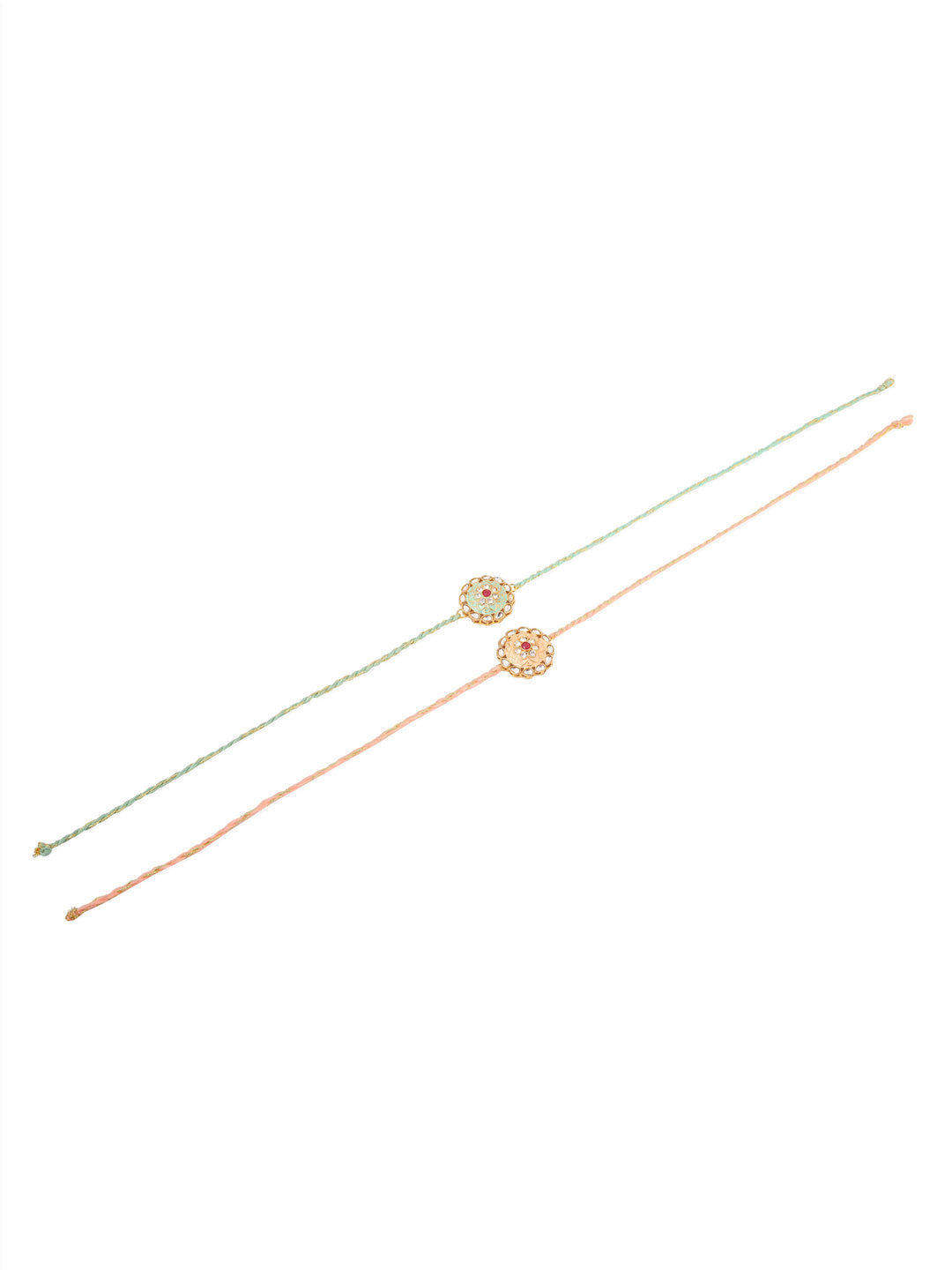 NVR Men Set of 2 Peach & Green Kundan Studded Round Floral Design Rakhi with Roli Chawal Chandan & Mishri - Distacart