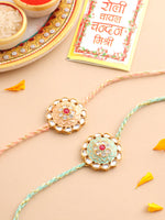 Thumbnail for NVR Men Set of 2 Peach & Green Kundan Studded Round Floral Design Rakhi with Roli Chawal Chandan & Mishri - Distacart