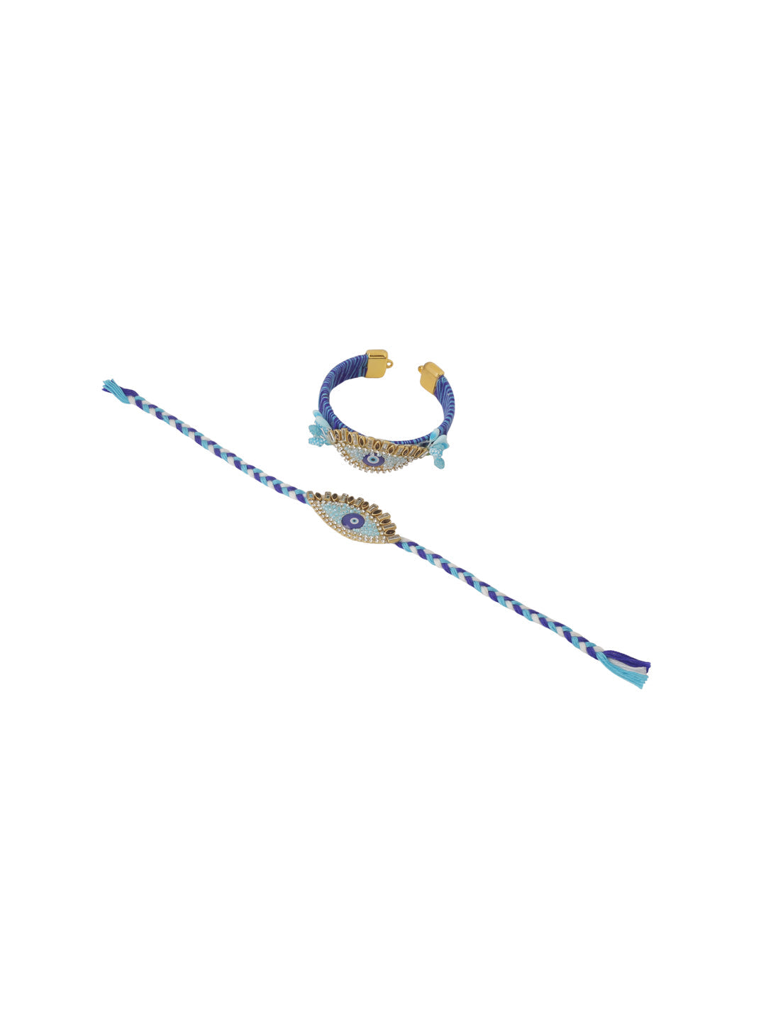 NVR Set of 2 Blue Evil Eye & Kundan Studded Handcrafted Bhaiya Bhabhi Rakhi with Roli Chawal Chandan & Mishri - Distacart