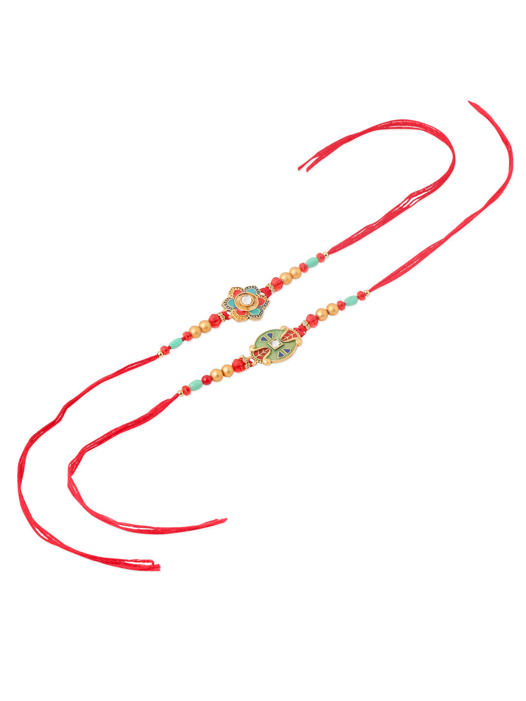 NVR Men Set of 2 Floral Design Red Artificial Stones & Beads Thread Rakhi Combo