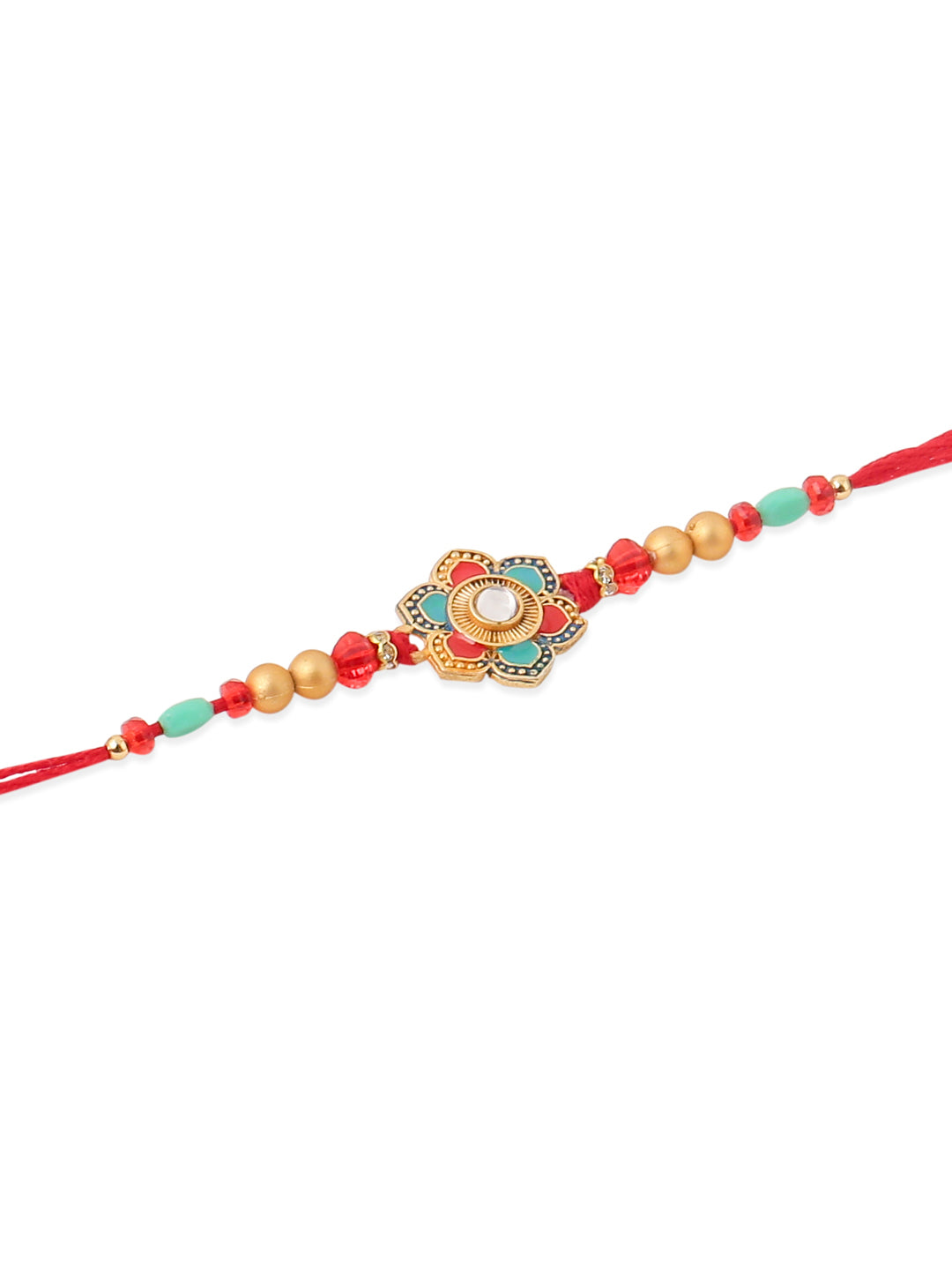 NVR Men Set of 2 Floral Design Red Artificial Stones & Beads Thread Rakhi Combo