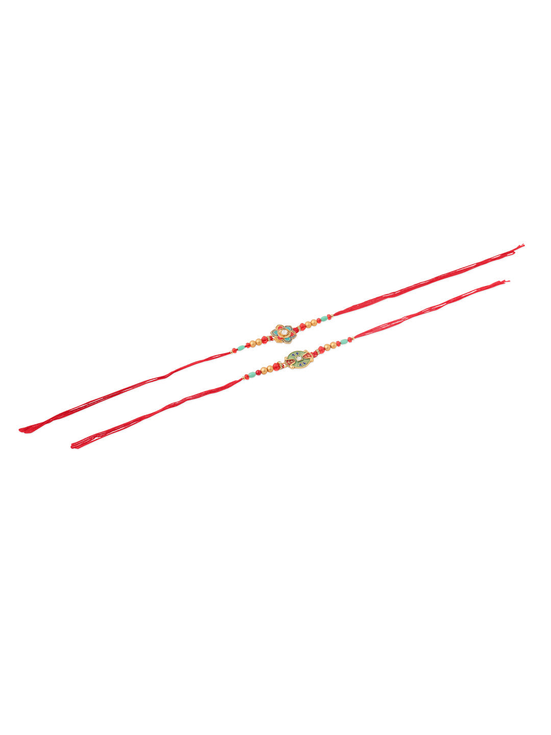 NVR Men Set of 2 Floral Design Red Artificial Stones & Beads Thread Rakhi Combo
