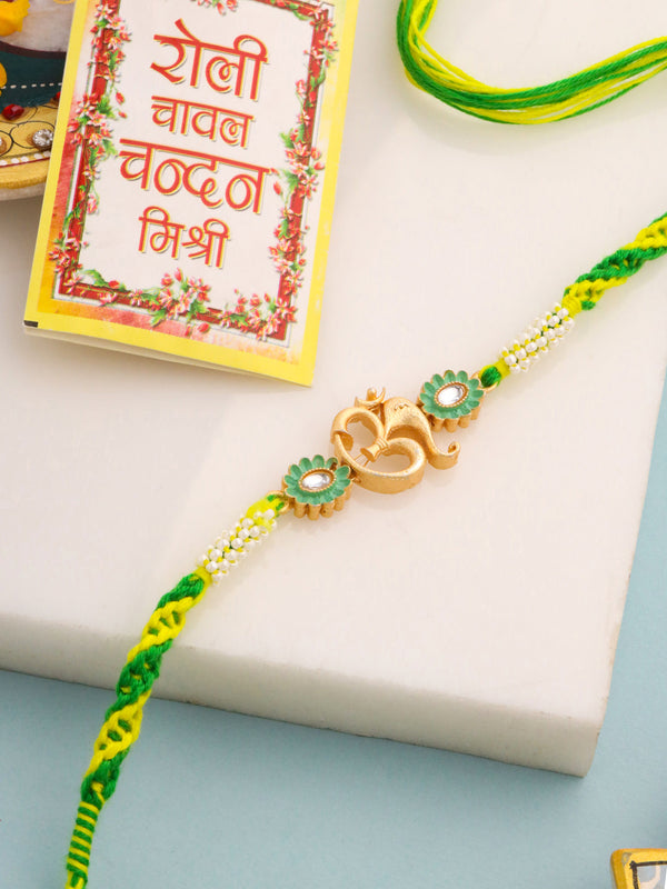 NVR Men Green Kundan Studded Om Design Thread Rakhi with Roli Chawal Chandan & Mishri - Distacart
