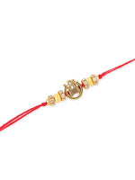 Thumbnail for NVR Men Set of 4 Gold Toned Artificial Stones Swastik Design Thread Rakhi with Roli Chawal Chandan & Mishri - Distacart