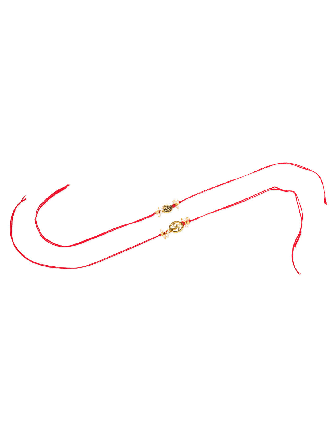 NVR Men Set of 2 Gold Toned Pearls Swastik Desgin Thread Rakhi with Roli Chawal Chandan & Mishri - Distacart