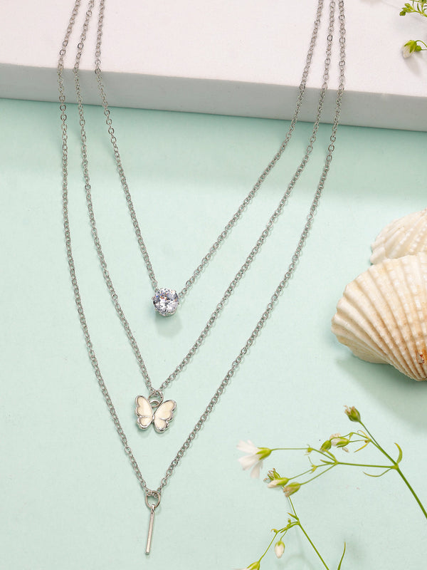 NVR Women's Silver-Toned Artificial Stones Butterfly-shaped Layered Chain - Distacart