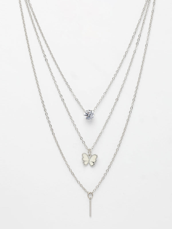 NVR Women's Silver-Toned Artificial Stones Butterfly-shaped Layered Chain - Distacart