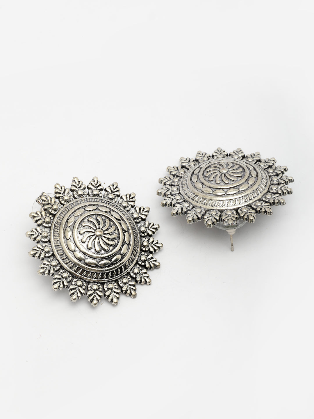 NVR Women Silver Plated Oxidized Circular Shape Stud Earrings