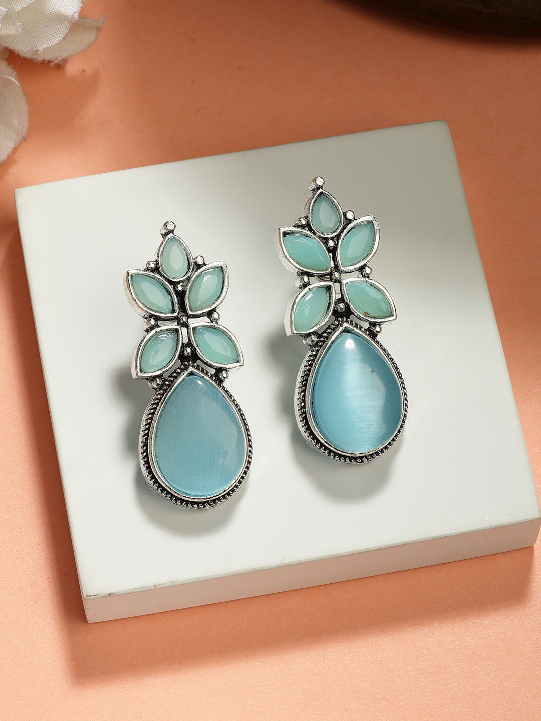 NVR Women Blue Artificial Stones Silver Plated Drop Earrings
