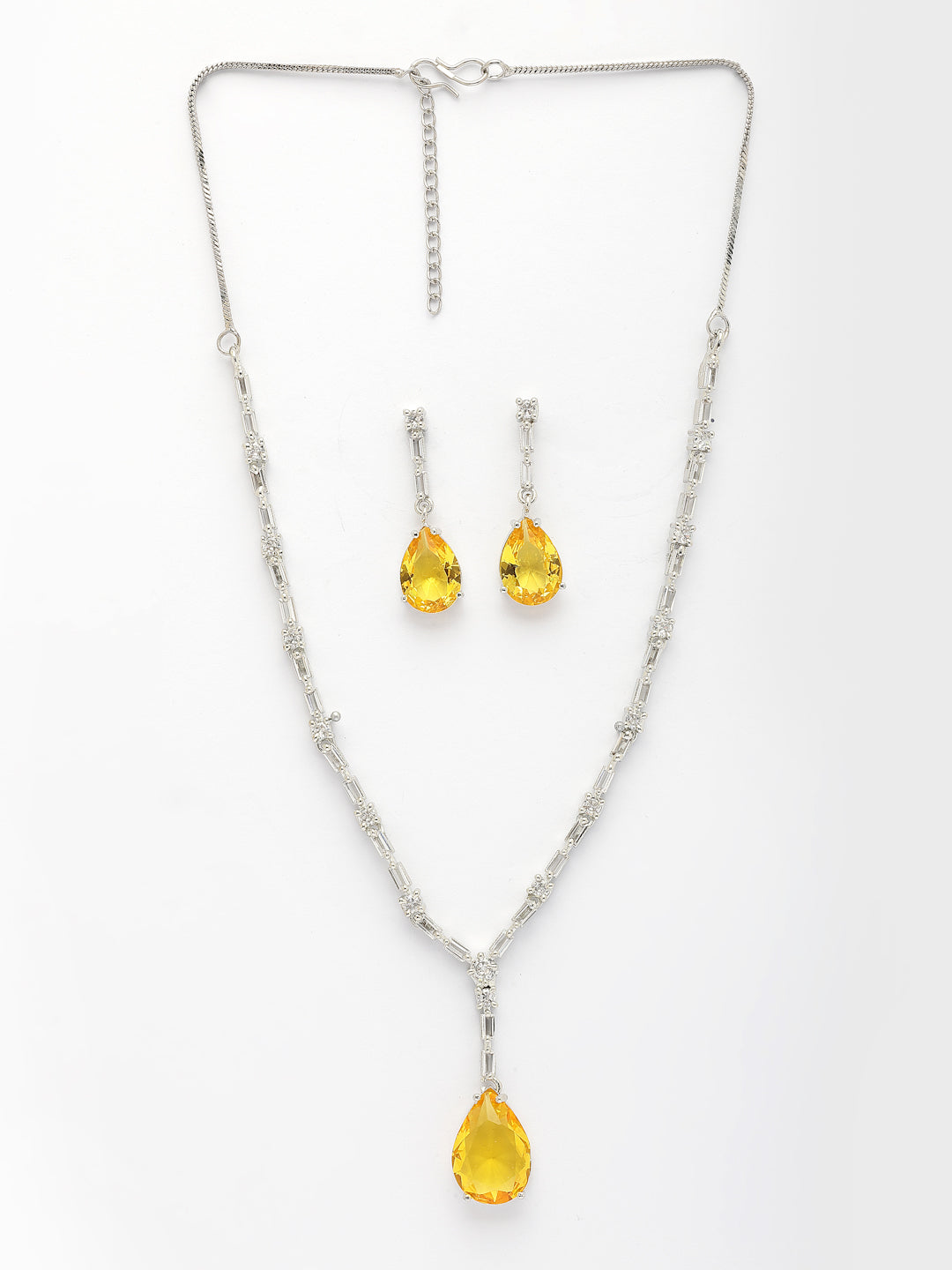 NVR Women's Silver-Plated Yellow American Diamond-Studded Handcrafted Jewellery Set