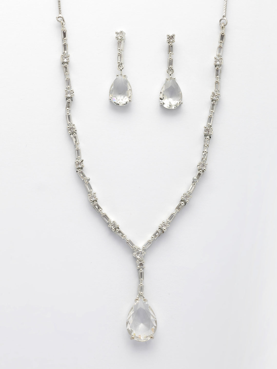 NVR Women's Silver-Plated White American Diamond-Studded Handcrafted Jewellery Set