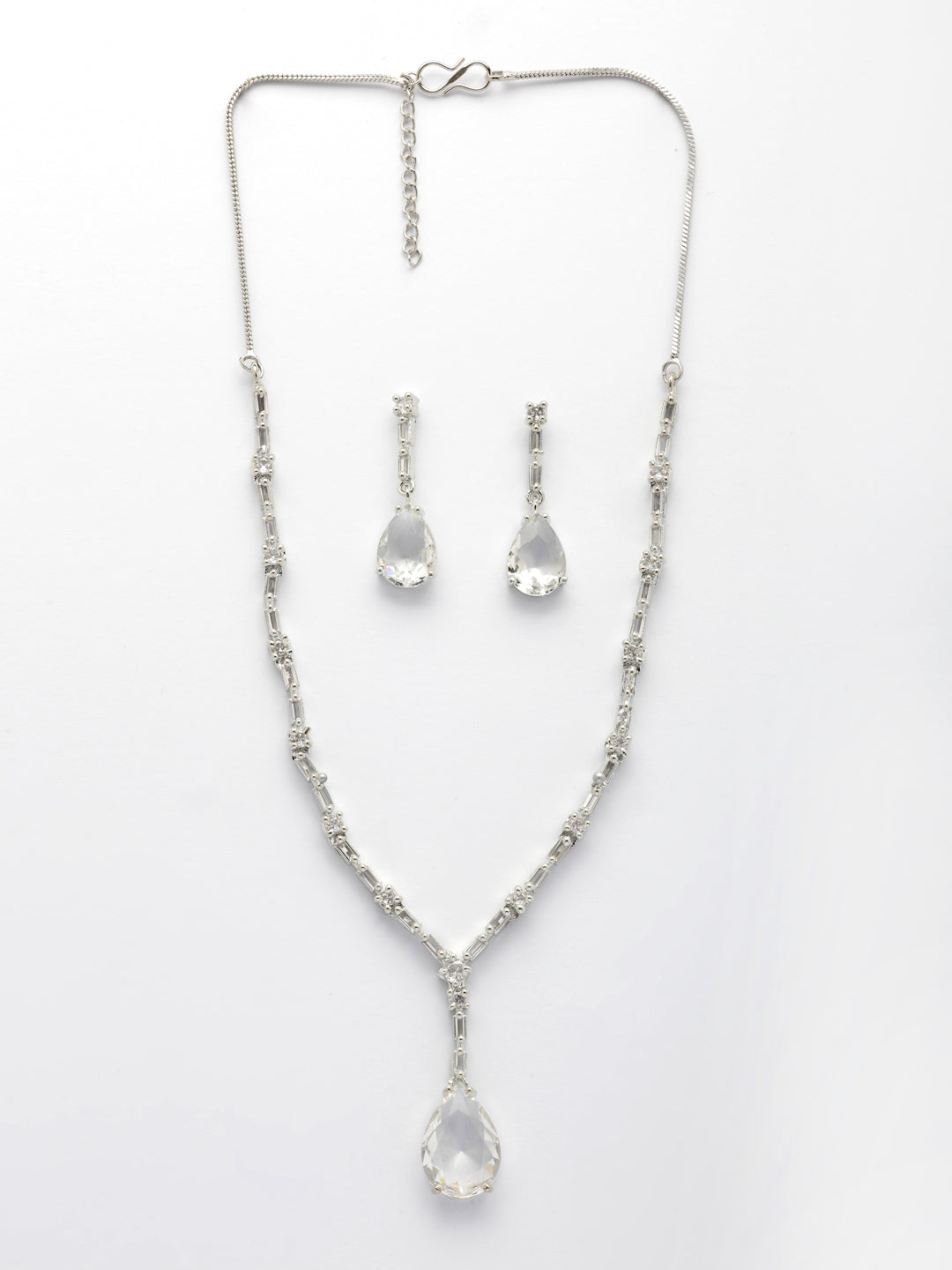 NVR Women's Silver-Plated White American Diamond-Studded Handcrafted Jewellery Set