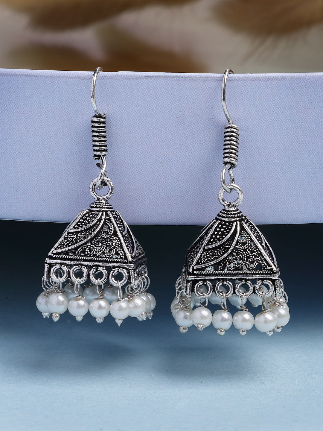 NVR Women's Oxidized Silver Plated White Artificial Beads Jhumka Earrings