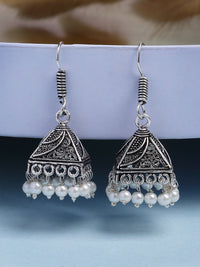 Thumbnail for NVR Women's Oxidized Silver Plated White Artificial Beads Jhumka Earrings