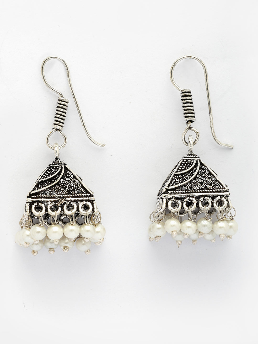 NVR Women's Oxidized Silver Plated White Artificial Beads Jhumka Earrings