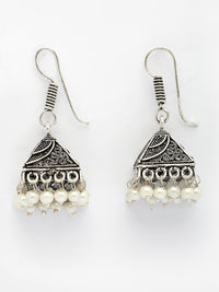 Thumbnail for NVR Women's Oxidized Silver Plated White Artificial Beads Jhumka Earrings