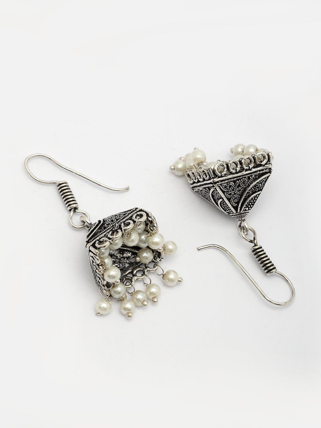 NVR Women's Oxidized Silver Plated White Artificial Beads Jhumka Earrings