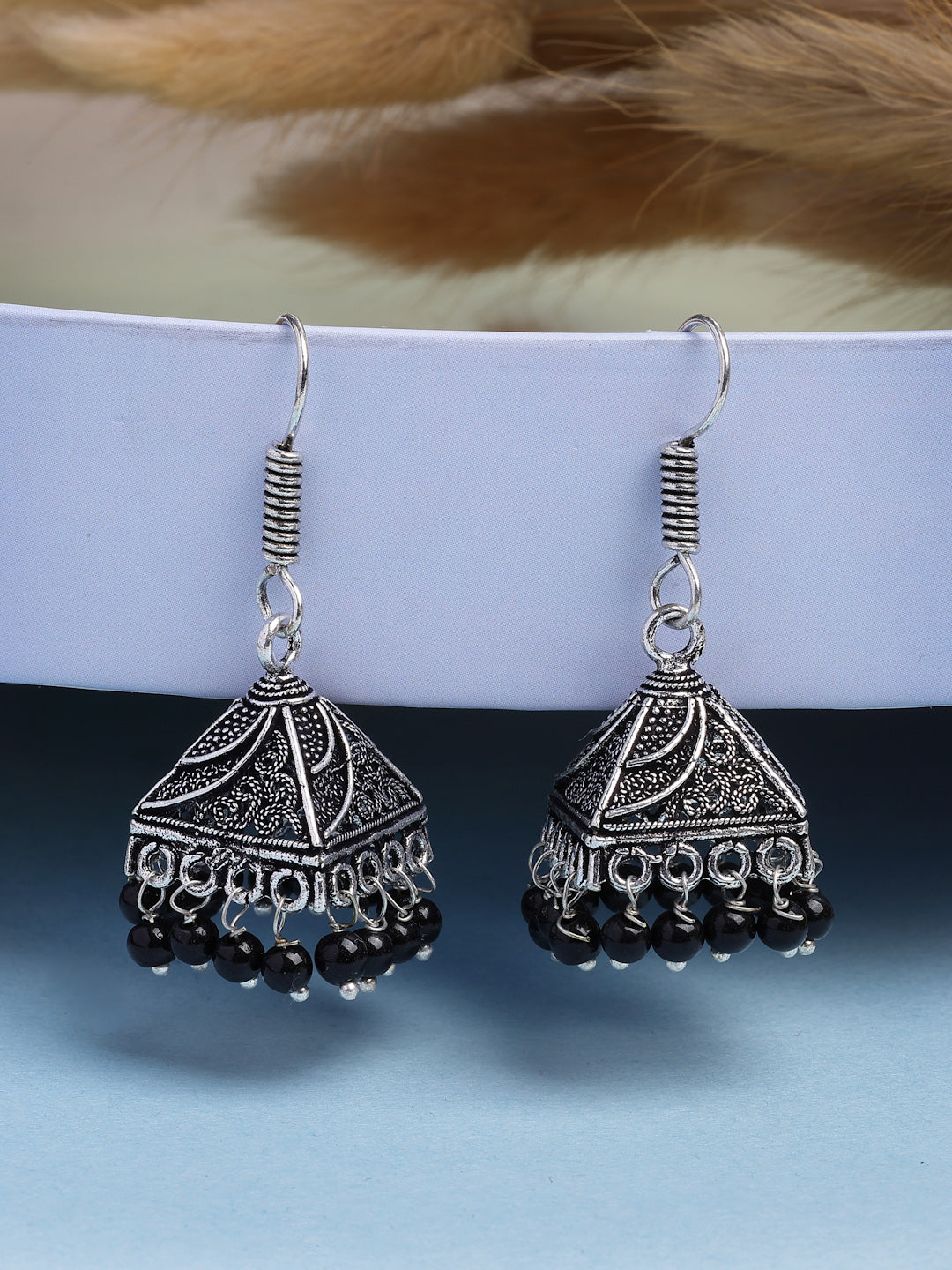 NVR Women's Oxidized Silver Plated Black Artificial Beads Jhumka Earrings