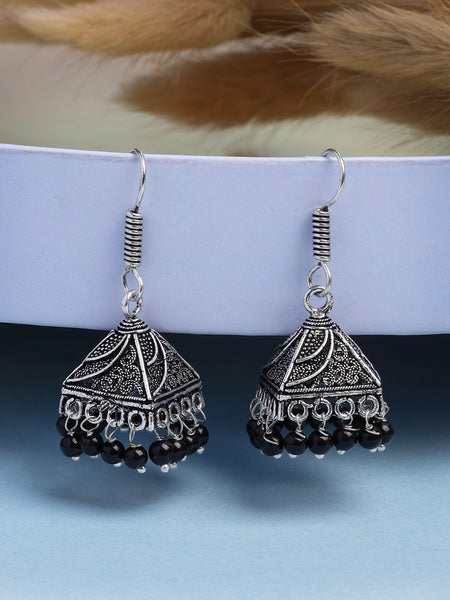 NVR Women's Oxidized Silver Plated Black Artificial Beads Jhumka Earrings
