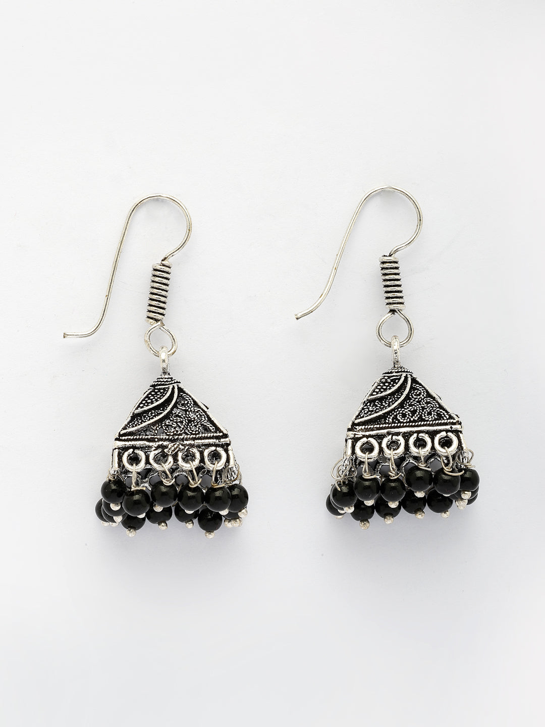 NVR Women's Oxidized Silver Plated Black Artificial Beads Jhumka Earrings