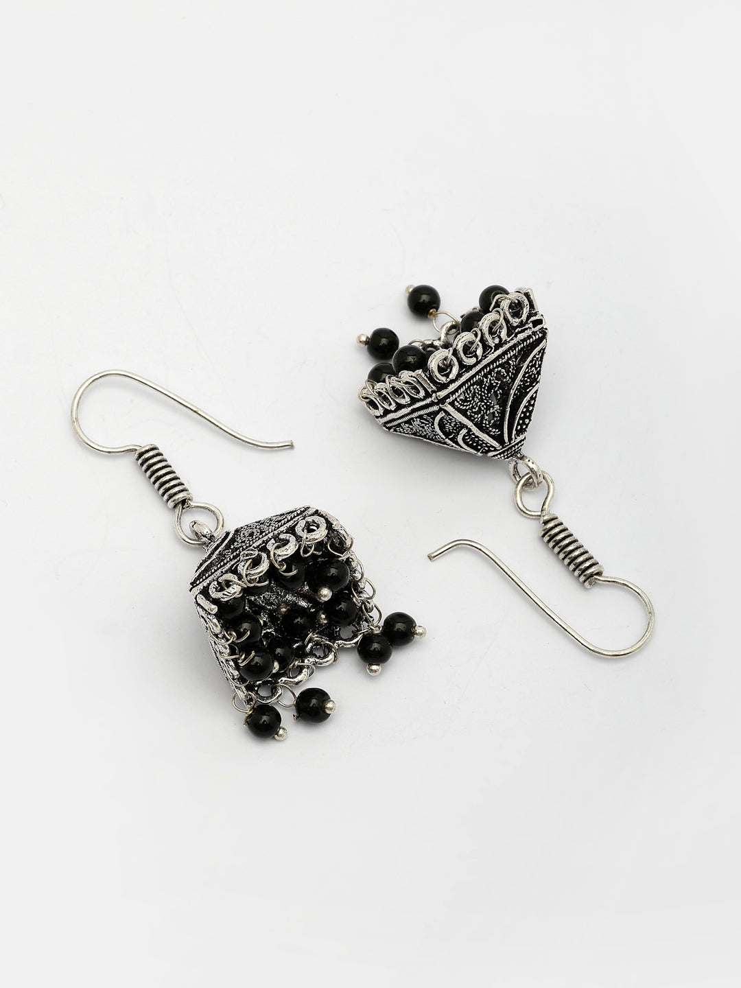 NVR Women's Oxidized Silver Plated Black Artificial Beads Jhumka Earrings