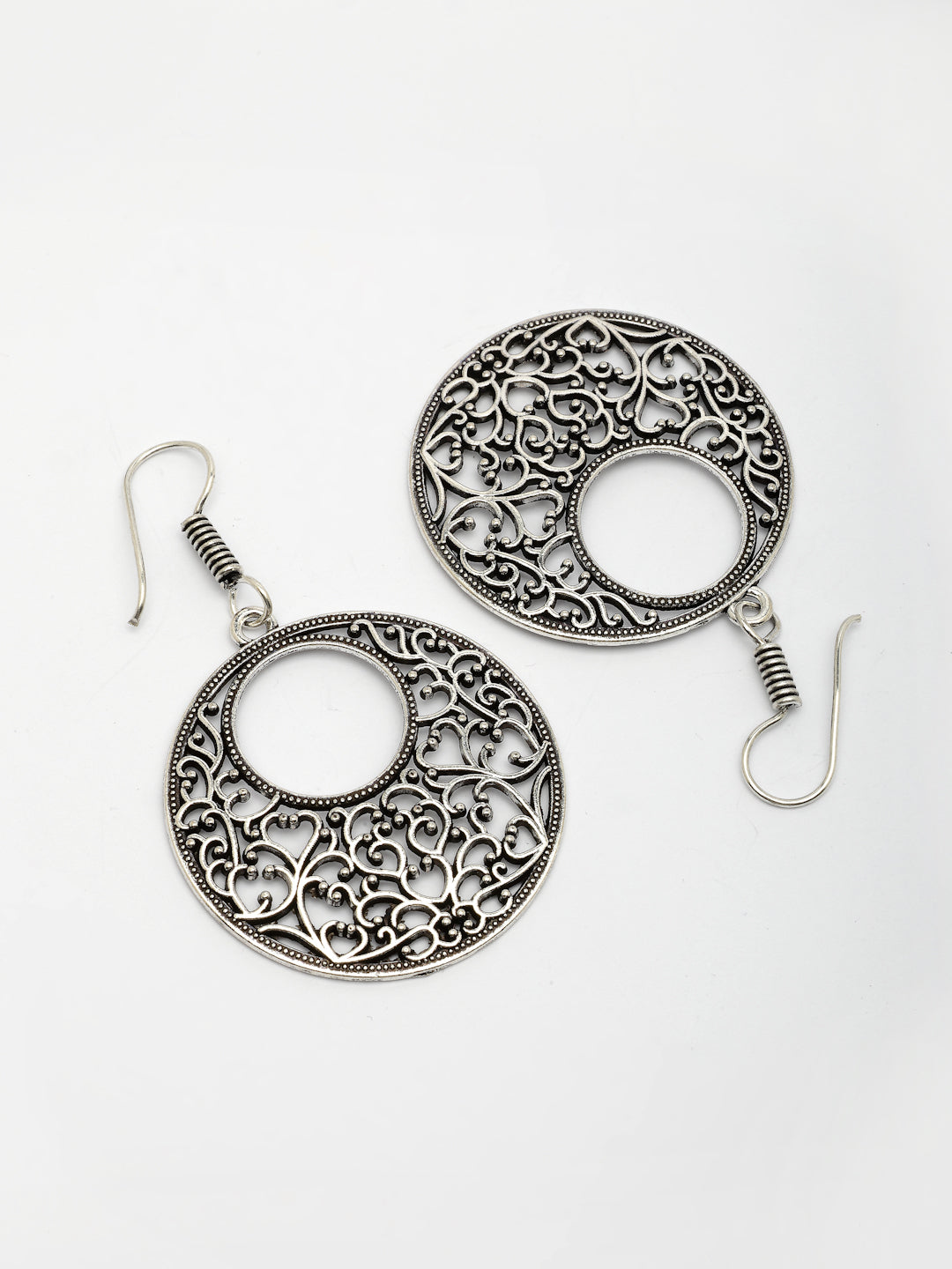 NVR Women Ethnic Silver-Plated Oxidized Chandbali Earrings