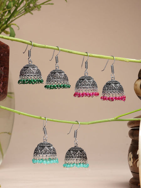 NVR Women Pair of 3 Oxidized Silver Plated Multicolor Artificial Beads Jhumka Earrings
