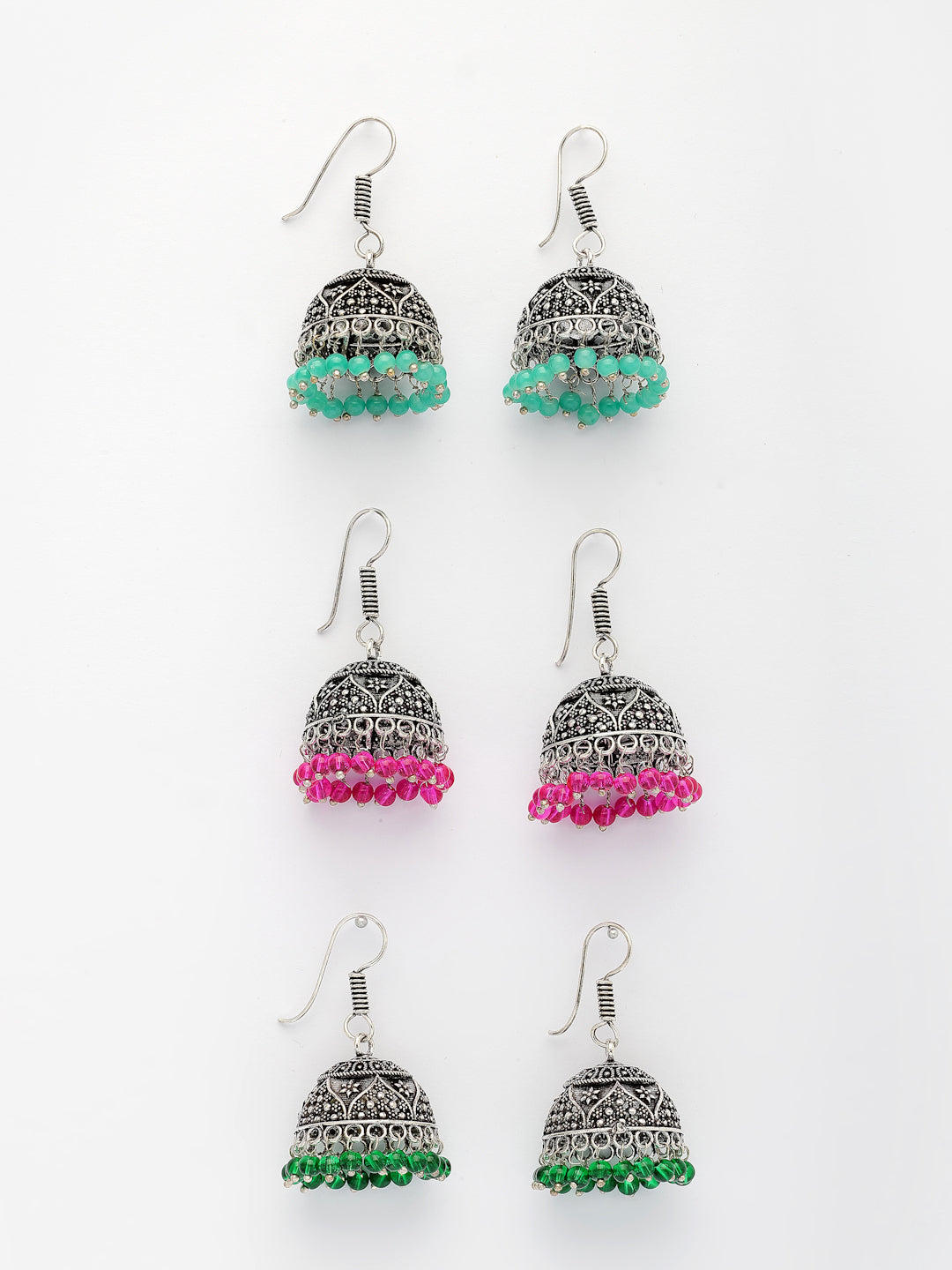 NVR Women Pair of 3 Oxidized Silver Plated Multicolor Artificial Beads Jhumka Earrings