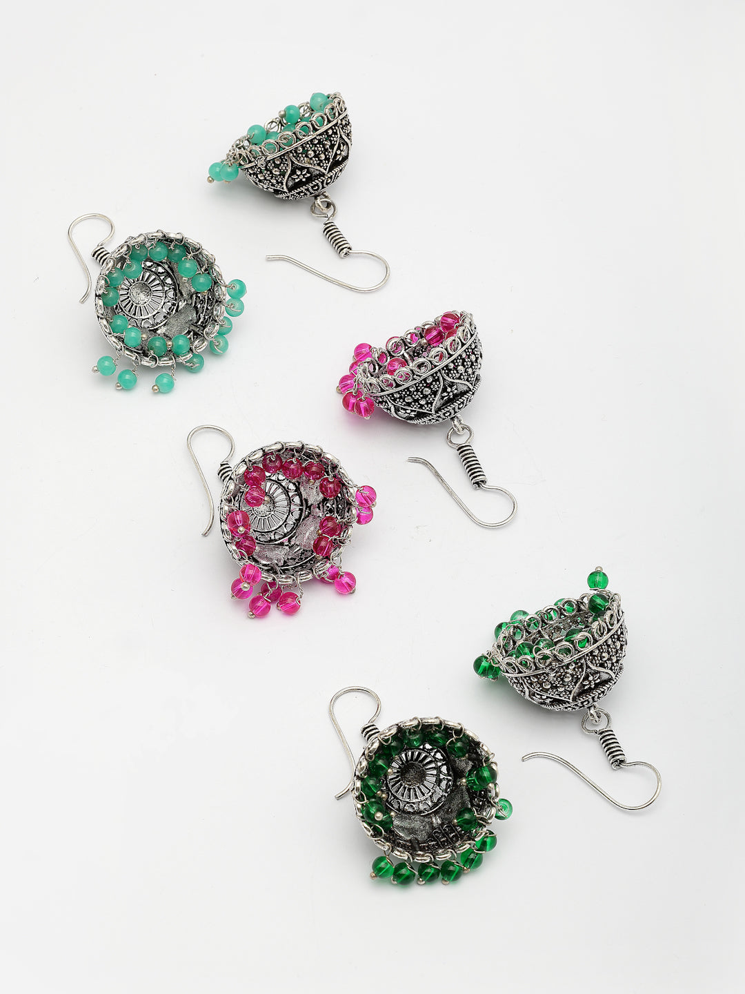NVR Women Pair of 3 Oxidized Silver Plated Multicolor Artificial Beads Jhumka Earrings