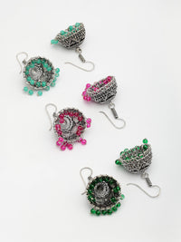 Thumbnail for NVR Women Pair of 3 Oxidized Silver Plated Multicolor Artificial Beads Jhumka Earrings