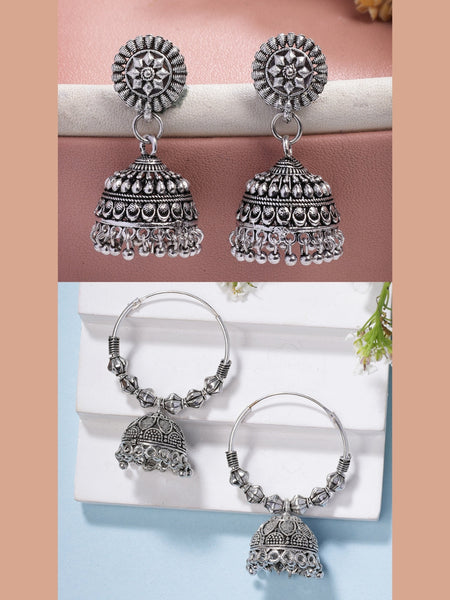 NVR Women Set of 2 Silver Plated Traditional Oxidized Jhumka Earrings