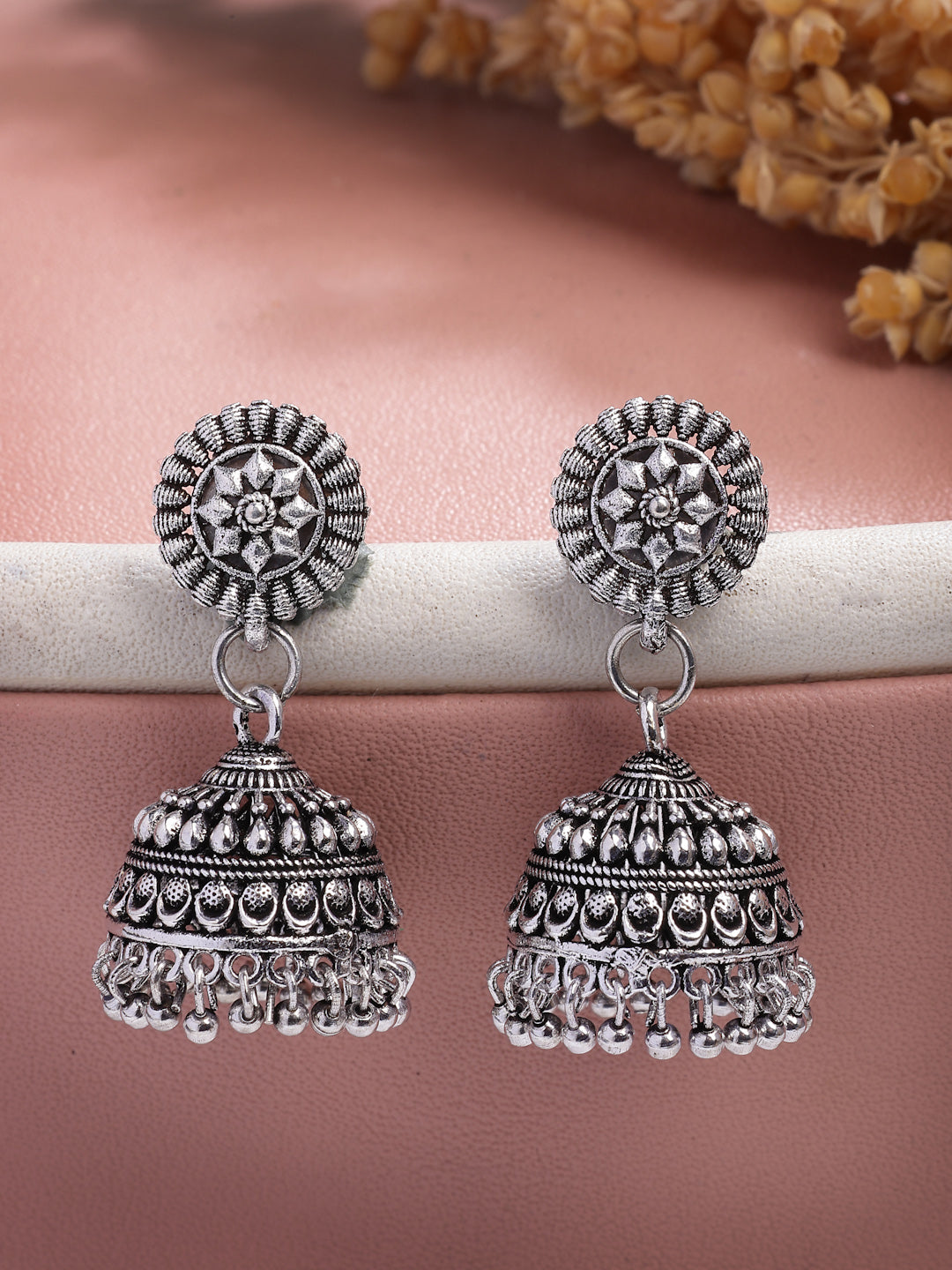 NVR Women Set of 2 Silver Plated Traditional Oxidized Jhumka Earrings