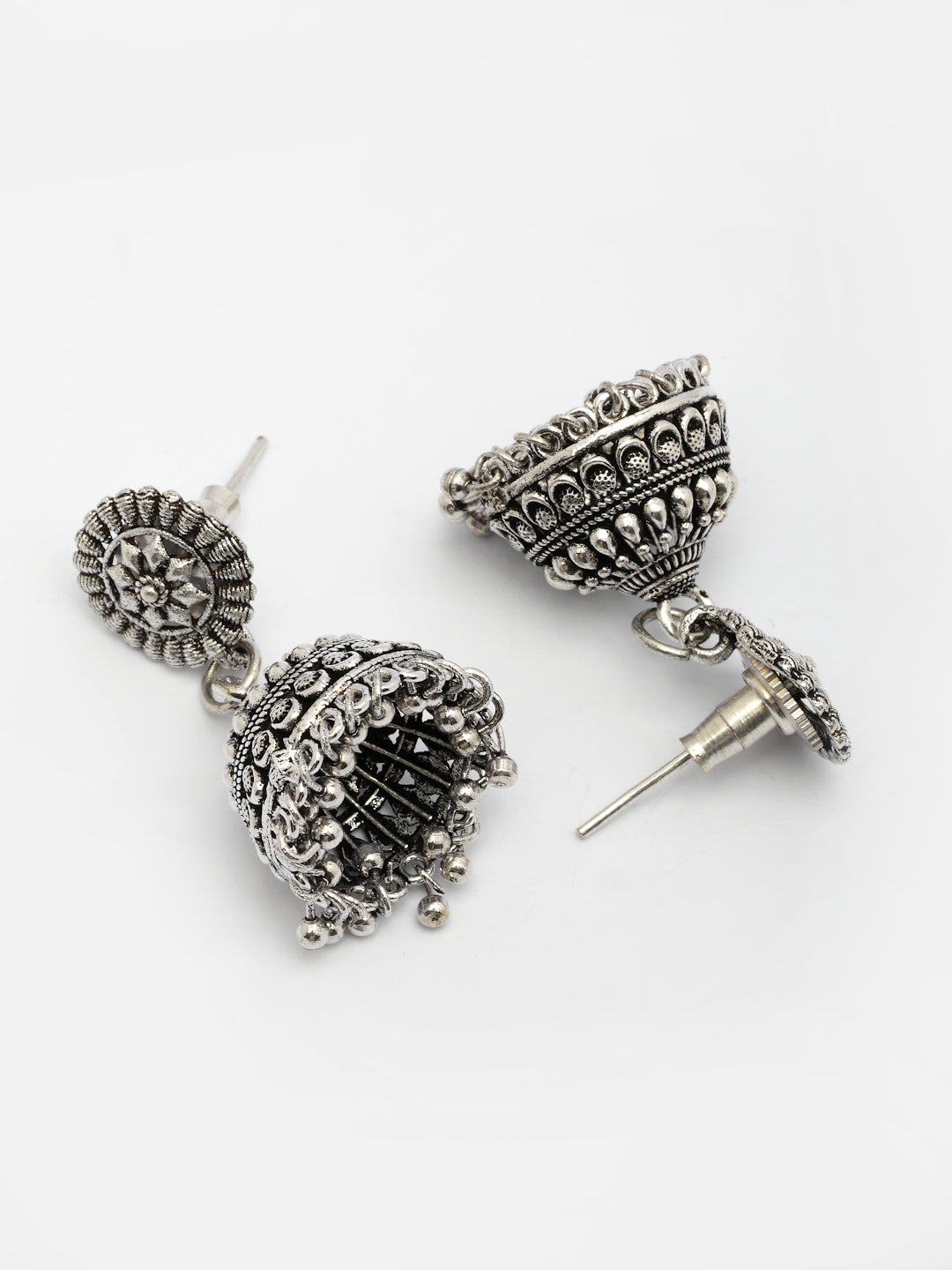 NVR Women Set of 2 Silver Plated Traditional Oxidized Jhumka Earrings