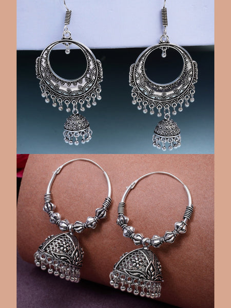 NVR Women's Set of 2 Silver Plated Oxidized Contemporary Jhumka Earrings