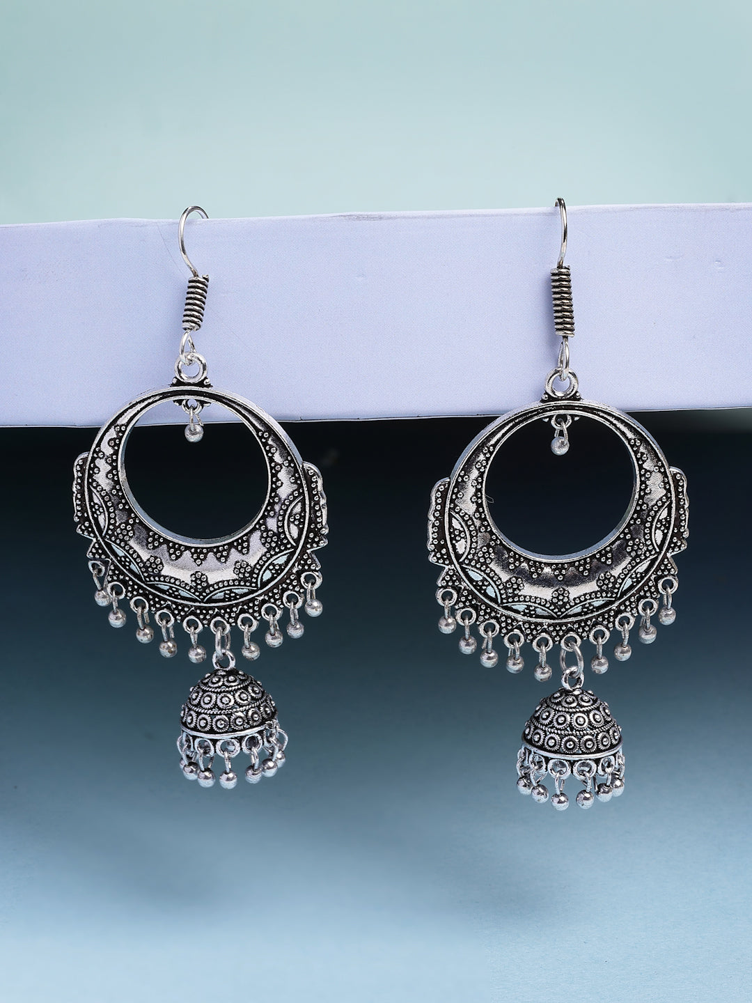 NVR Women's Set of 2 Silver Plated Oxidized Contemporary Jhumka Earrings