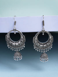 Thumbnail for NVR Women's Set of 2 Silver Plated Oxidized Contemporary Jhumka Earrings