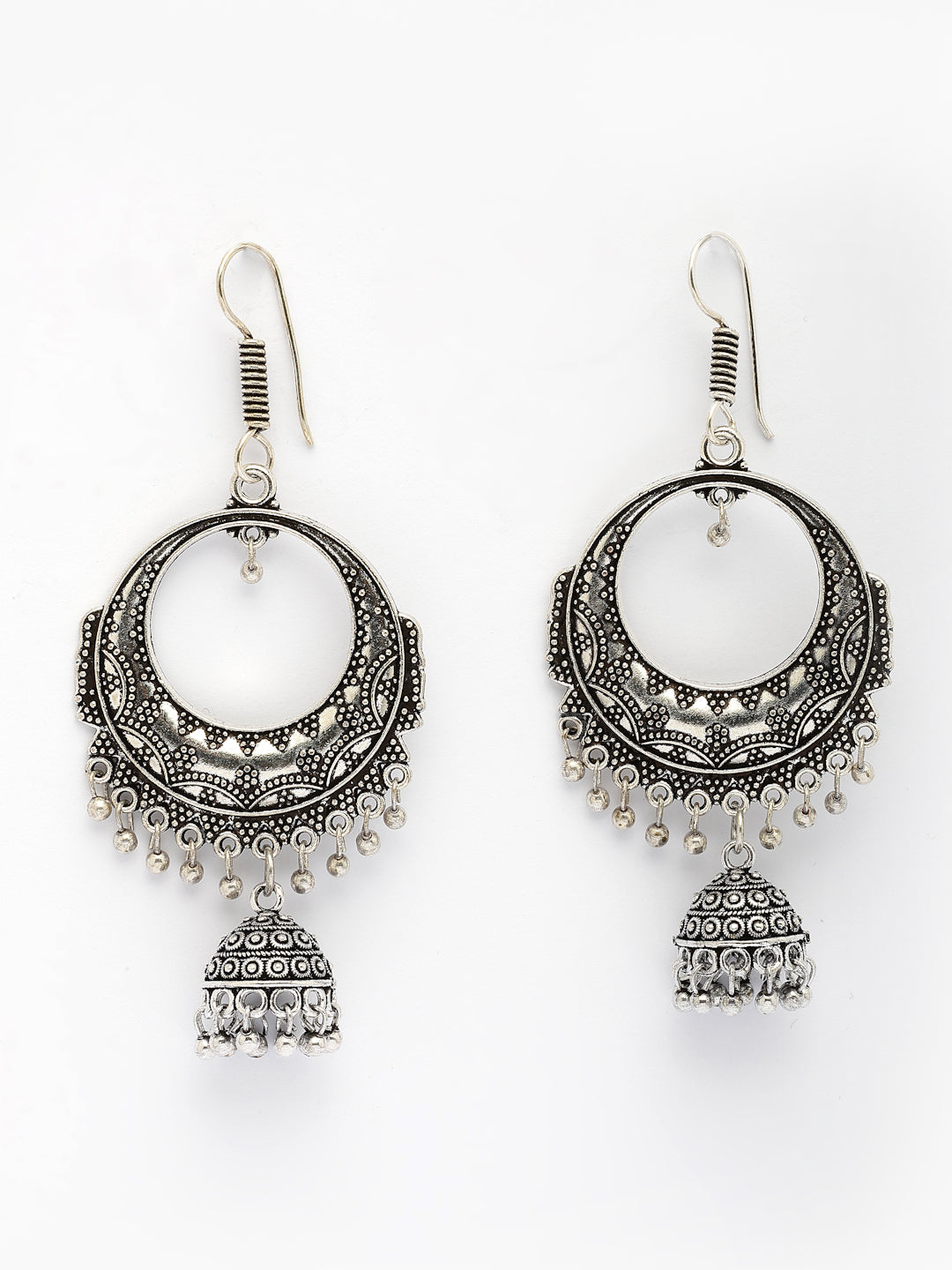 NVR Women's Set of 2 Silver Plated Oxidized Contemporary Jhumka Earrings