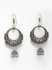 Thumbnail for NVR Women's Set of 2 Silver Plated Oxidized Contemporary Jhumka Earrings