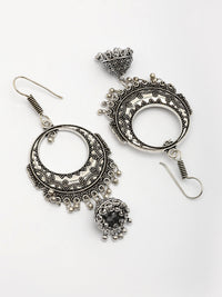 Thumbnail for NVR Women's Set of 2 Silver Plated Oxidized Contemporary Jhumka Earrings