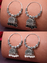 Thumbnail for NVR Women Set of 2 Oxidized Silver Plated Artificial Beads Jhumka Earrings