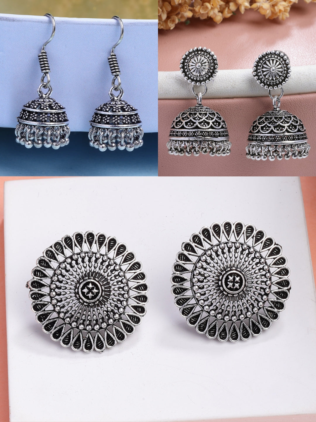 NVR Women Set of 3 Silver Plated Round Shape Oxidized Traditional Jhumka & Stud Earrings