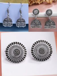 Thumbnail for NVR Women Set of 3 Silver Plated Round Shape Oxidized Traditional Jhumka & Stud Earrings