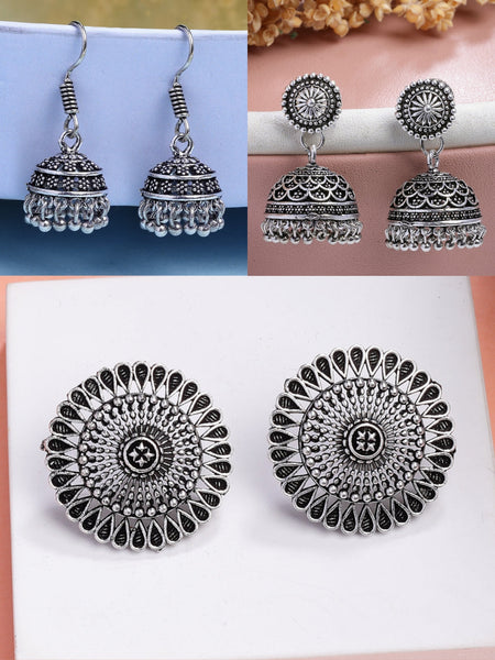 NVR Women Set of 3 Silver Plated Round Shape Oxidized Traditional Jhumka & Stud Earrings