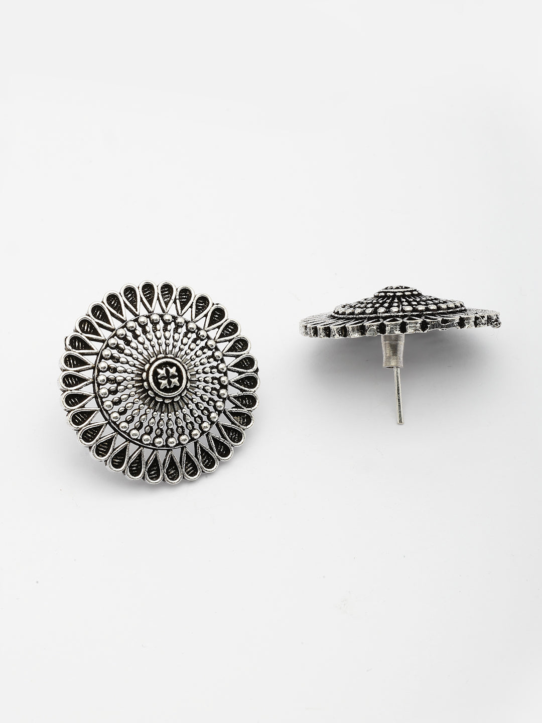 NVR Women Set of 3 Silver Plated Round Shape Oxidized Traditional Jhumka & Stud Earrings