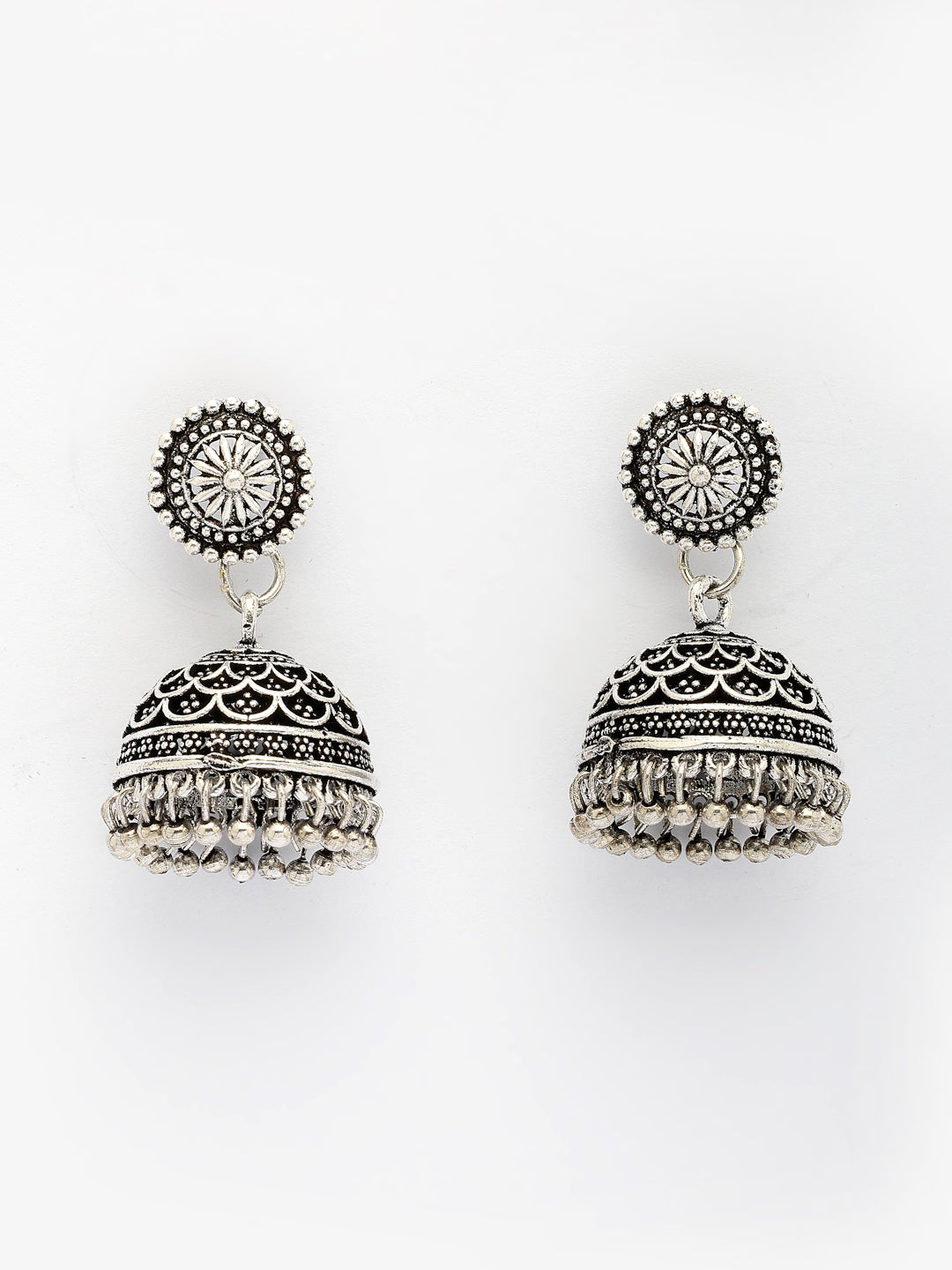 NVR Women Set of 3 Silver Plated Round Shape Oxidized Traditional Jhumka & Stud Earrings