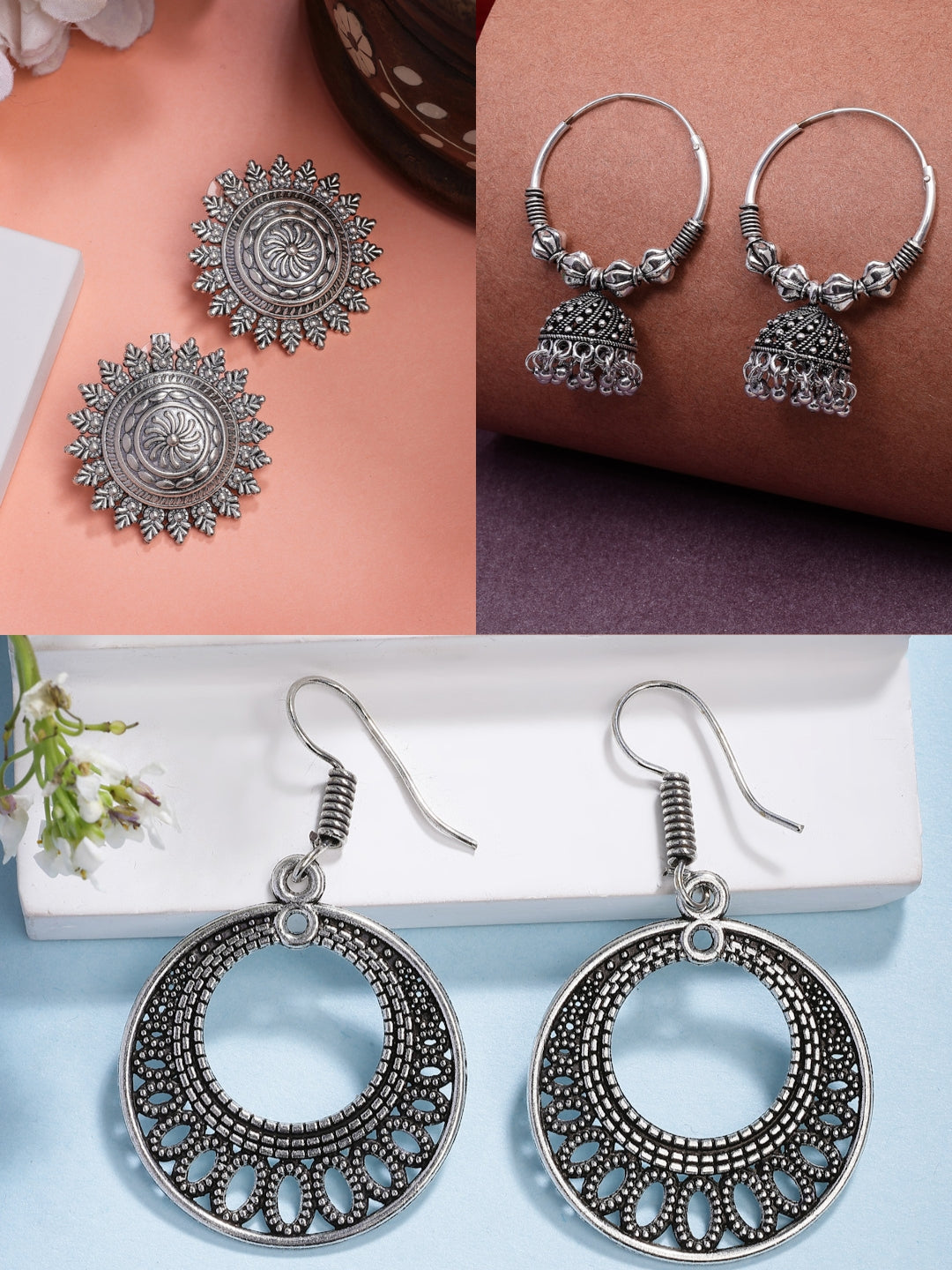 NVR Women Set of 3 Silver Plated Oxidized Traditional Earrings