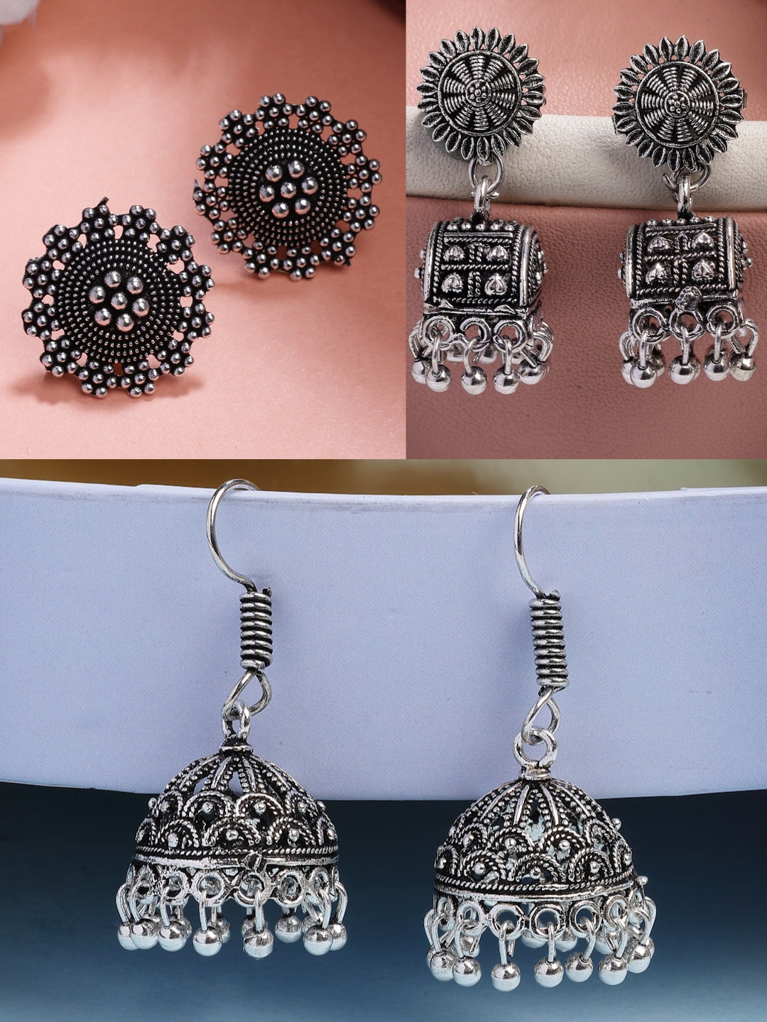 NVR Women Set of 3 Silver-Plated Oxidized Contemporary Jhumkas & Stud Earrings